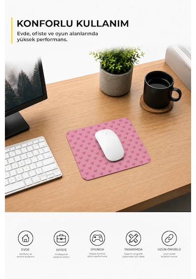 Pembe Renkli Kalpli Desenli Ergonomik Mouse Pad, Kaymaz Yüzey İle Ev Ve Ofis Kullanımı İçin İdeal 230x190x2mm
