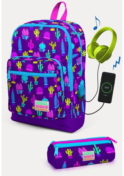 Coral High Kids Mor Pembe Kaktüs Desenli Usb'li 2'li Okul Çanta Seti Set0223273