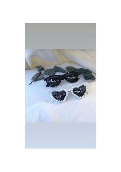 Kişileştirilmiş Gelin Damat Gözlük- Bride Gözlük İncili Siyah - Beyaz