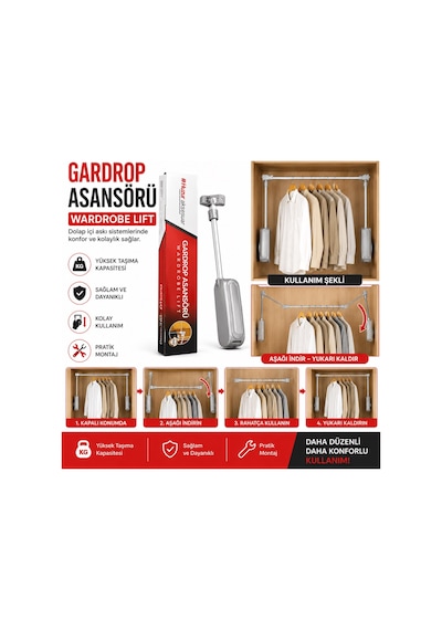 Gardrop Asansörü Wardrobe Lift Aşağı İnebilen Dolap Askı Sistemi Ergonomik Elbise Askılığı Gri
