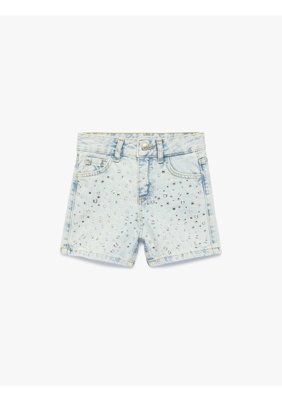 Koton Pamuklu Cepli Taş Detaylı Mini Denim Şort Lıght Indıgo 6skg40016ad Açık Mavi
