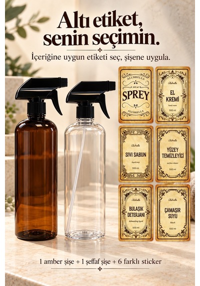 Alubrella 500 Ml Amber Ve Şeffaf Boş Sprey Şişe 2 Li Set Ve 6 Lı Etiket