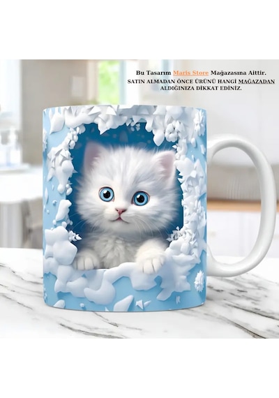 Mavi Kedi Baskılı 3d Efekli Kişiye Özel Hediyelik Kupa Bardak Beyaz