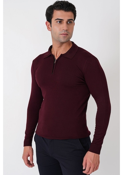 Slim Fit Esnek Pamuklu Fermuarlı Polo Yaka Bordo Triko Tr 902