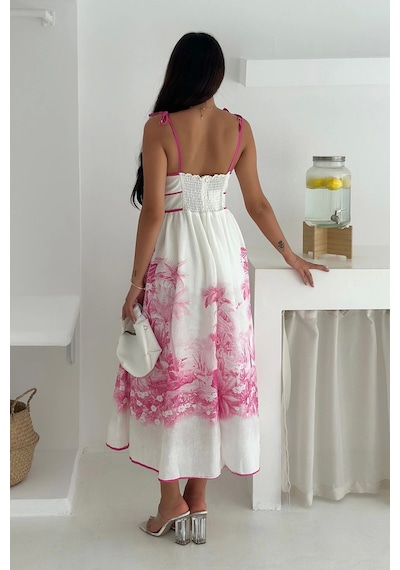 Asprin Fashion Desenli Keten Elbise Pembe Pembe