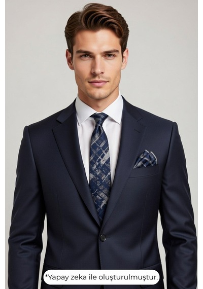 Gaffy Füme Desenli Lacivert Dokuma Kumaş Mendilli Slim Fit Kravat // Sdk-2601-2 Lacivert