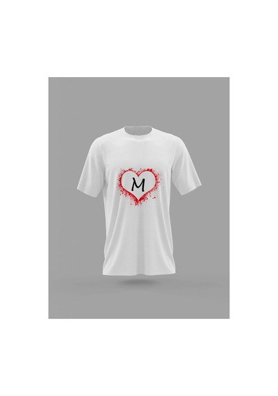 Tarzsokak Mavi Unisex M Harfi Kalp Baskılı T-shirt Pnrmtshrt1085 Beyaz