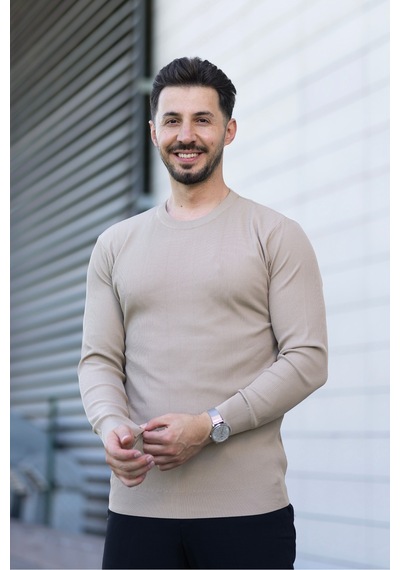 Hk Premium Erkek Fitilli Slim Fit Bisiklet Yaka Triko Kazak Bej