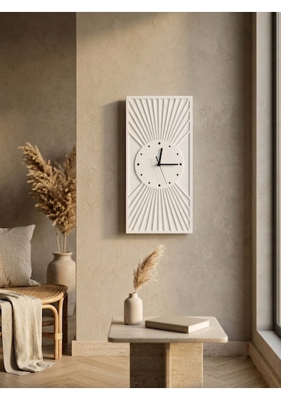 Kaveld Solaria Minimalist Duvar Saati - Modern Bohem Güneş Işınları Motifli Saat, Özel El Yapımı Duvar Saati Beyaz