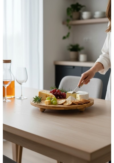Balsa Bambu Top Ayaklı Yuvarlak Lüx Sunumluk-kahvaltı,pasta Çok Amaçlı Sunumluk 30cm Tex104 Kahverengi