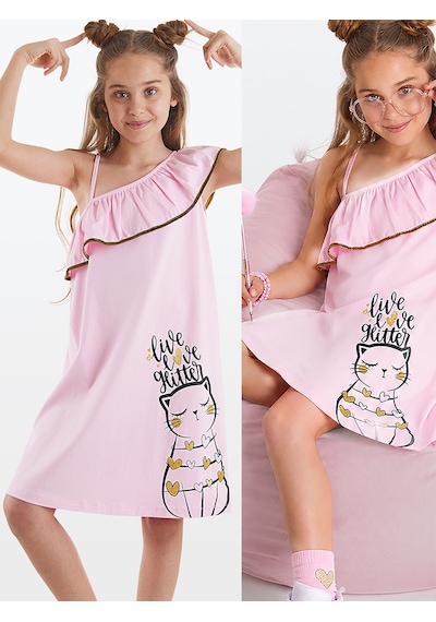 Kedi Kız Çocuk Yazlık Fırfırlı Penye Pembe Kız Elbise