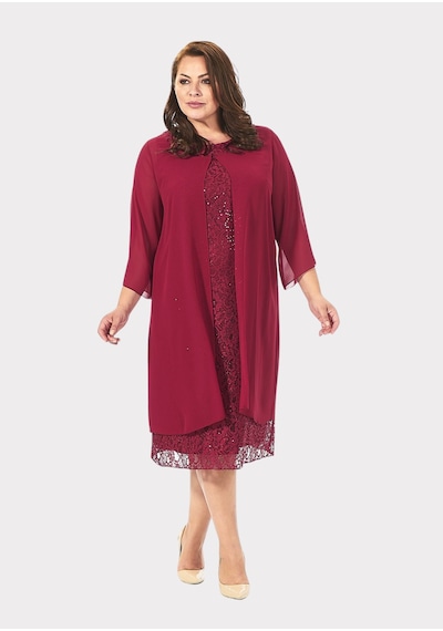 Lilas Xxl Büyük Beden Bordo Renkli Dantelli Dantelli Şifon Ceketli Abiye Elbise