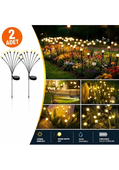 2'li Güneş Enerjili 70 Cm Firefly Bahçe Lambası 8 Led Aydınlatma Dekoratif Solar Dış Mekan Balkon Yürüyüş Yol