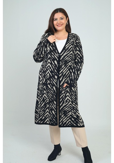 By Saygı Kadın Zebra Desenli Cepli Büyük Beden Triko Uzun Hırka-41902 Siyah-taş