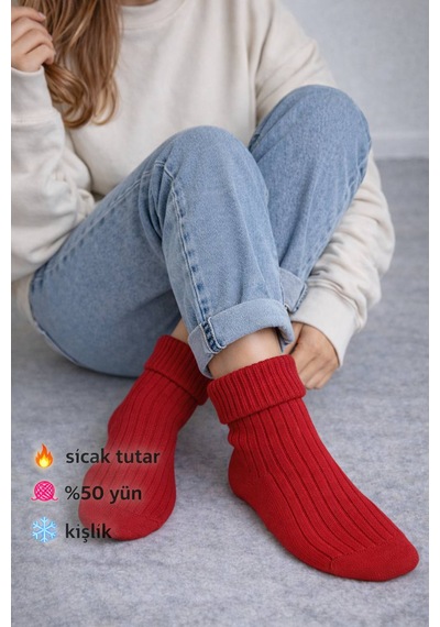 Perili Yün Bot Çorabı Kırmızı Kırmızı
