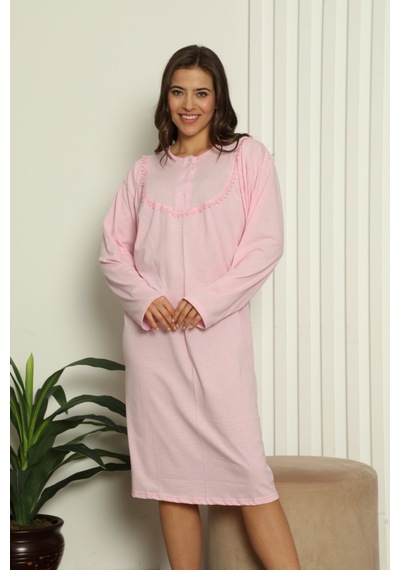 Yasar Underwear Kadın Uzun Kollu Dantel Detaylı Rahat Kesim %100 Pamuk Gecelik Açık Pembe Açık Pembe