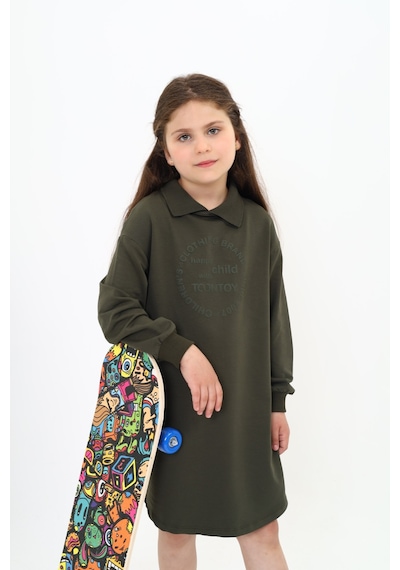 Kız Çocuk Baskılı Oversize Polo Yaka Uzun Kollu Elbise Haki