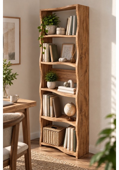 Sulorahome 5 Raflı Modern Dalgalı Tasarım Kitaplık Ve Dekoratif Raf Ünitesi Açık renkli ahşap Sulorahome 5 Raflı Modern Dalgalı Tasarım Kitaplık Ve Dekoratif Raf Ünitesi Açık renkli ahşap