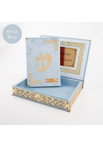 Raşel Kutulu Hediyelik Kuran-ı Kerim Orta Boy, Bebe Mavi, Elif-vav Gold Pleksi