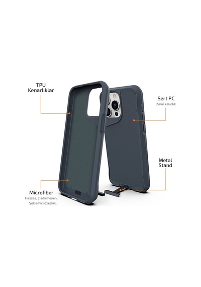 Apple Uyumlu iPhone 15 Pro Max Kılıf Zore Airbag Kenarlı T-max Mat Standlı Kapak Siyah