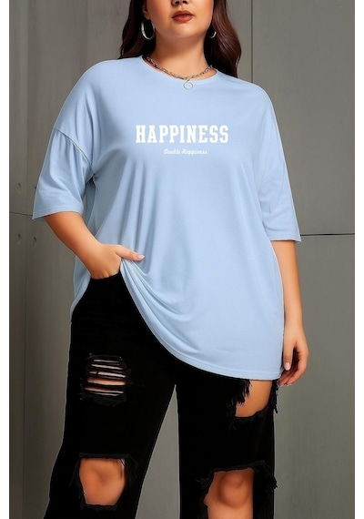 Benroma Büyük Beden Happıness Baskılı Unisex Tişört Bebe Mavisi