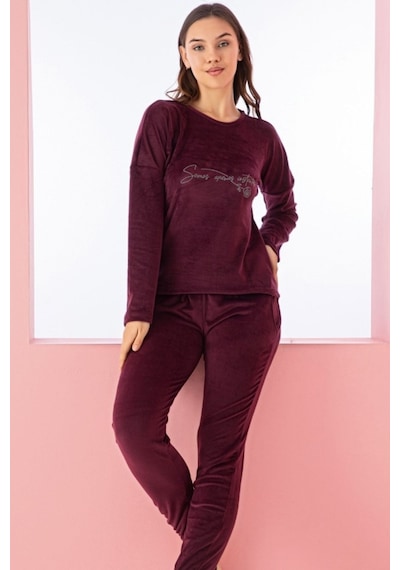 Farya Home Luxury Velvet Fransız Kadife Yazı Detaylı Pijama Takımı Mürdüm