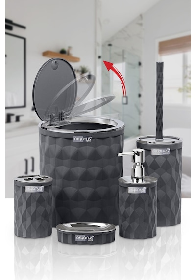 Okyanus Home Diamond Antrasit Kromlu Click Kapak 5'li Banyo Seti Antrasit
