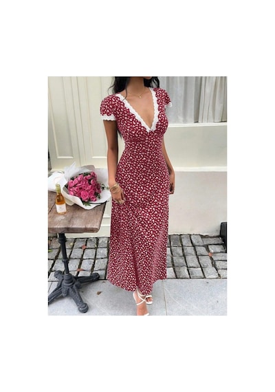 Butik İstanbul Kadın Kısa Kollu Derin V Yakalı Dantel Detaylı Çiçek Desenli Uzun Süprem Elbise Kırmızı