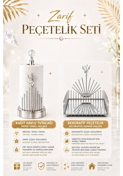 2li Gümüş Metal Aynalı Çiçek Model Lüks Kare Peçetelik Ve Gold Metal Çiçek Model Lüks Havlu Peçeteli