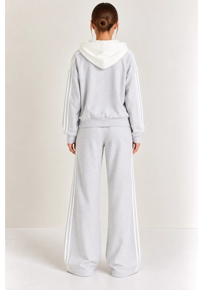 Mevese Kadın Kapüşonlu Oversize Sweatshirt & Bol Eşofman Altı İkili Takım- Gri-beyaz