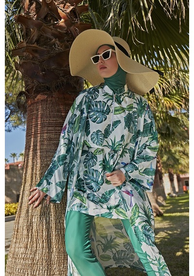 Remsa Mayo Remsa Tesettür Mayo Üzerine Tek Kaftan Kimono Pareo Rp017 Yeşil Yapraklar Yeşil