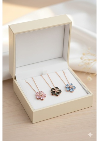 925 Ayar Papatya Silver Doğum Taşlı Unutma Beni Çiçeği Kolye.rose.gold.rodaj Gümüş