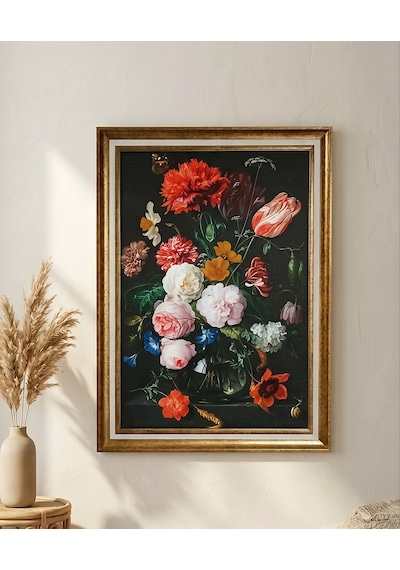 Vintage Gold Çerçeveli Tablo Vazo Ve Çiçekler 60x80 Cm