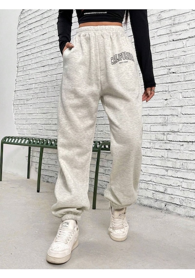 West Coast Eşofman Altı Jogger - Gri Baskılı Lastik Paça Yüksek Bel Gri