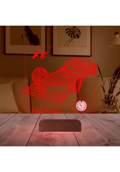 Luvivia Formula 1 F1 Yarış Arabası Tasarım Kişiye Özel Metal Saatli 3d Lamba - Masa Gece Lambası Şeffaf