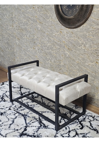 Zafir Siyah Boyalı Metal 80 Cm Puf Bench - Antre Puf - Hol Bench - Puf - Oturak - Bench Krem