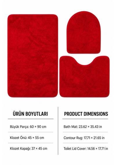 3 Lü Banyo Paspası Halısı Seti Kaymaz Tabanlı Yıkanabilir Klozet Takımı Kırmızı