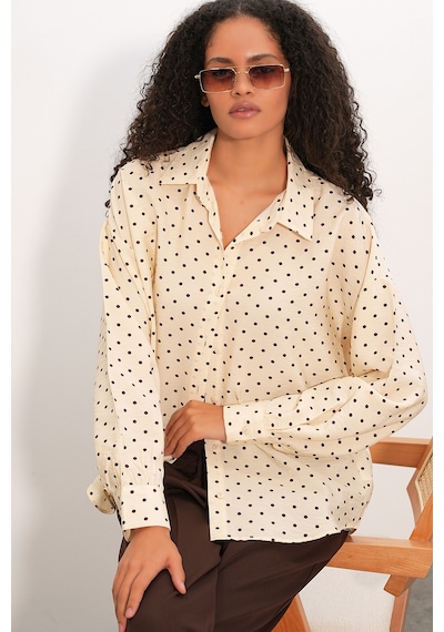 Bigdart Kadın Oversize Puantiyeli Gömlek 20392 - Krem