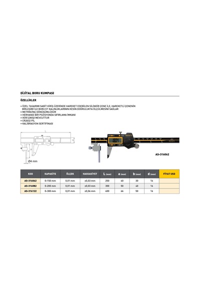 Fett 0-300mm Asimeto Dijital Boru Kumpası As-316122