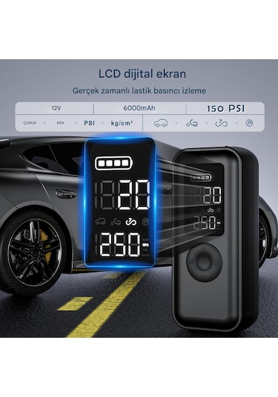 Elektrikli Hava Pompası 6000 Mah Lcd Ekranlı Led'li Ve Usb Çıkışl