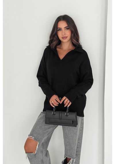 Femelle Siyah Kadın Polo Yaka Oversize Triko Kazak - Standart Beden Yumuşak Dokulu - 8551
