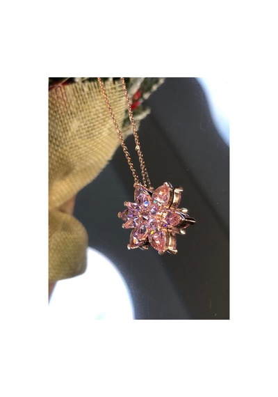 Vog Pembe Taşlı Lotus Çiçeği Büyük Boy 925 Ayar Gümüş Sevgiliye Eşe Anneye Kolye