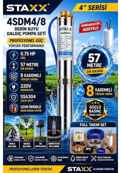 Staxx 4sdm4/8220 Derin Kuyu Kalem Dalgıç Pompa Seti 57 Mt Dik 220v Çelik Şaft Bahçe Tarla Sulama