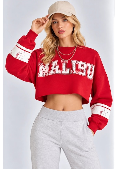Mevese Malibu Baskılı Rahat Kesim Bisiklet Yaka Crop Sweatshirt - Kırmızı
