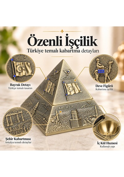 Türkiye Temalı Metal Piramit Küllük Tütsülük Takı Kutusu Kapaklı Dekoratif Hediyelik 10x10 Cm