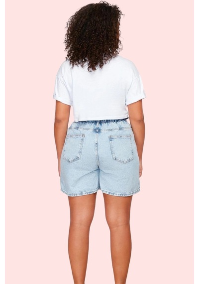 Ersefa Kadın Pamuklu Denim Şort Beli Lastikli Geniş Paça Yazlık Günlük K Açık Mavi