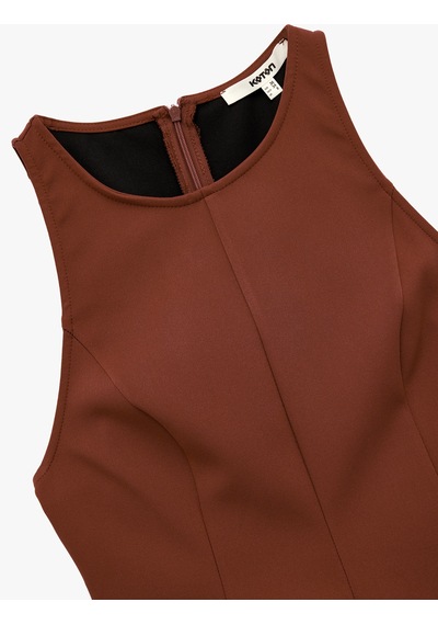 Koton Slim Fit Kolsuz Bisiklet Yaka Peplum Bluz Kahverengi 6wak30003pw Kahve