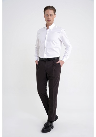 Comfort Fit Yan Cep Esnek Pamuklu Gabardin Tek Pileli Kahverengi Pantolon P 1211
