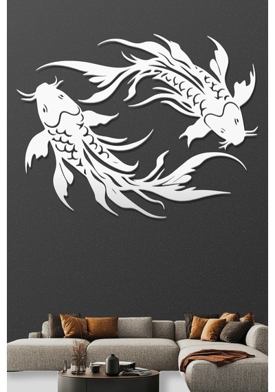 Koi Balıkları Metal Duvar Tablosu - Metal Duvar Sanatı - Beyaz - 30 X 23 Cm