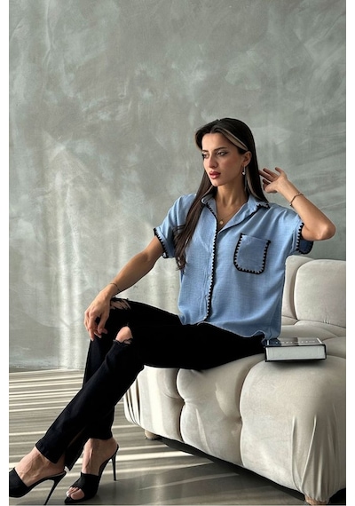 Verymoda Çoban Dikişli Keten Gömlek - D2597 Mavi